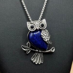 Silver Blue Dye Agate Owl Necklace Women's Boho Vtg Fashion Bird Jewelry Gift